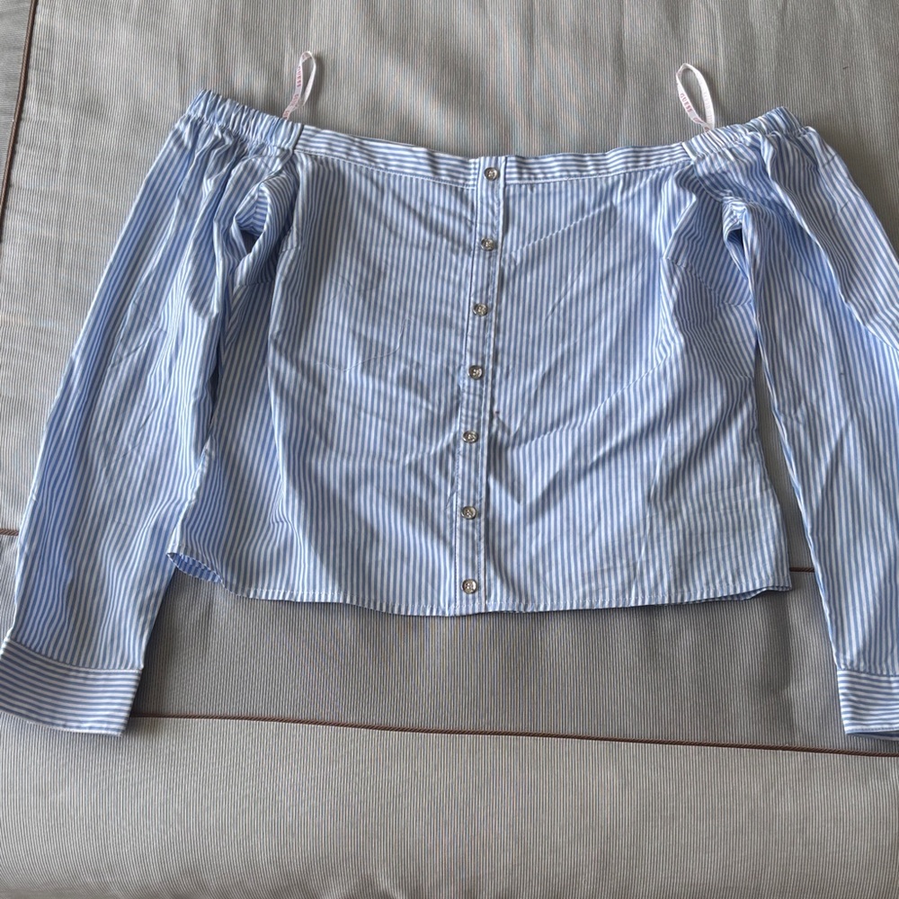 Guess Light Blue and White Striped Button-Front Top